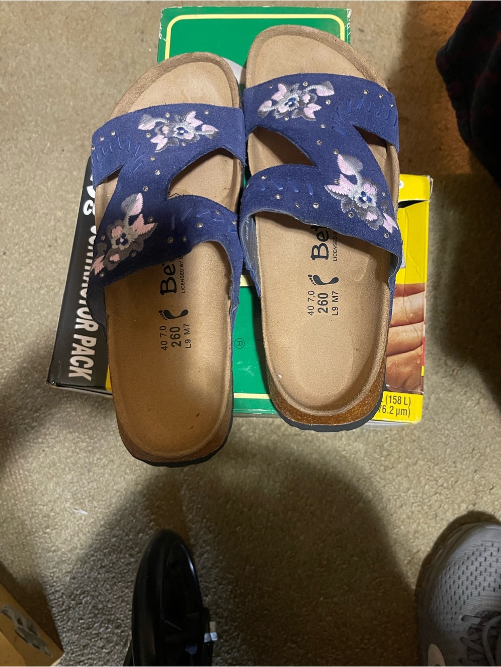 Birkenstock Navy Suede Slide Sandals with Pink Floral Embroidery